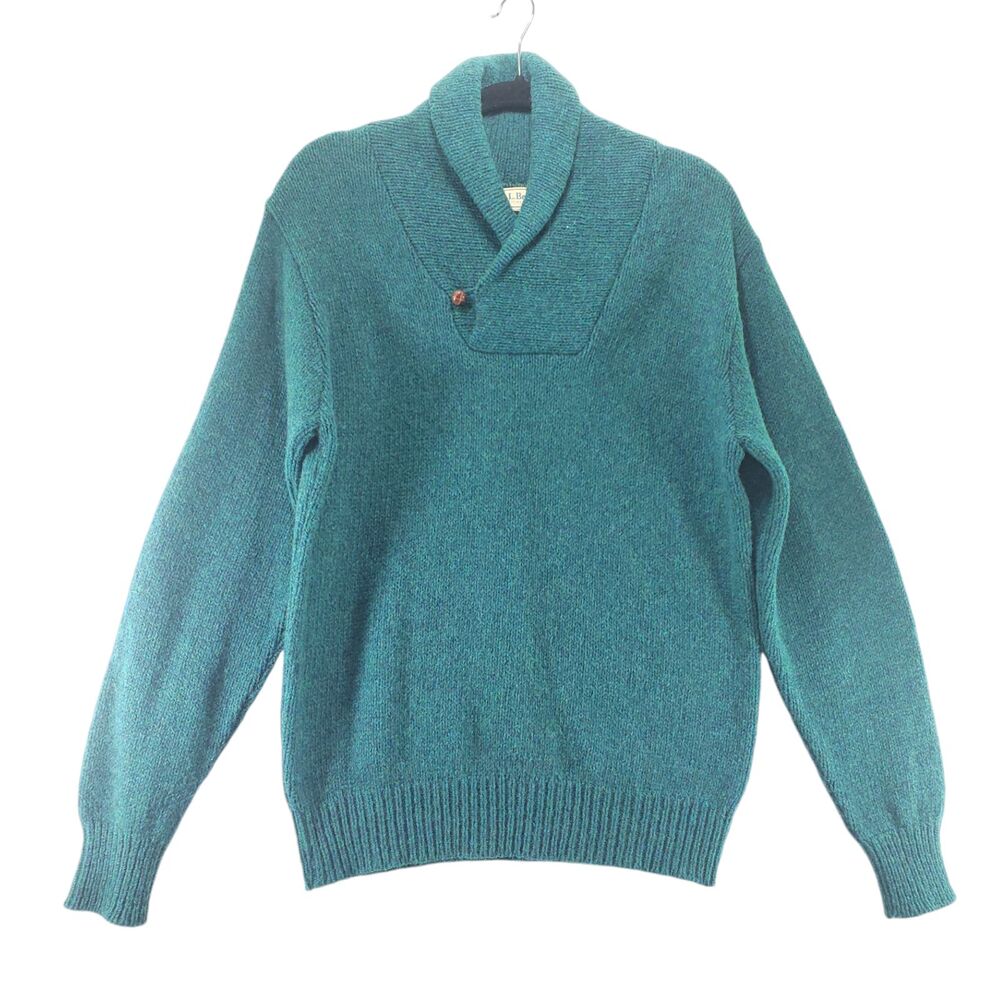 M Men's VTG USA L.L. Bean Shawl Sweater Green Wool Grandpa Button Neck Collar